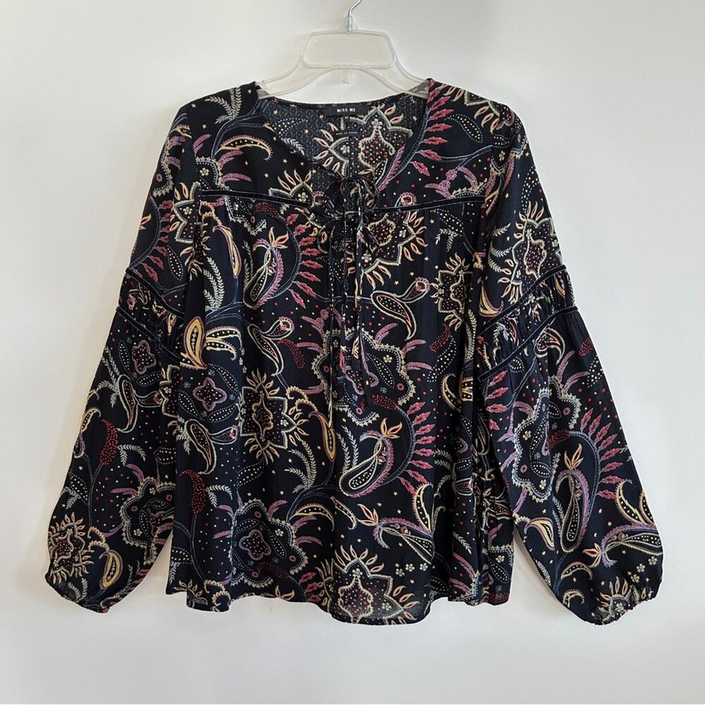 Miss Me Black Multicolor Paisley Floral Long Sleeve Tunic Blouse Top Size Medium